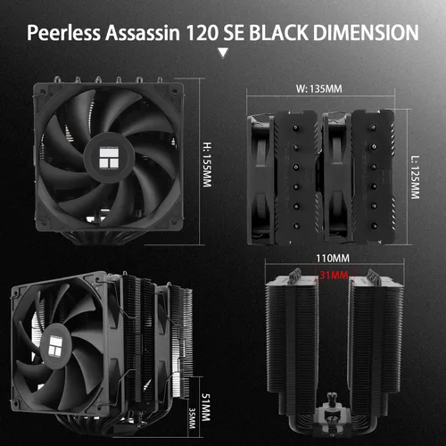 Miniatura 6 de Thermalrlght Peerless Assassin 120 SE Enfriador de aire negro para CPU, 6 tubos de calor, ventiladores duales TL-C12C PWM, refrigeración de CPU