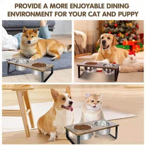 Miniatura 5 de Cuencos elevados para perros pequeños y medianos de madera con 2 cuencos profundos de acero inoxidable para alimentos y agua, antivómitos, platos
