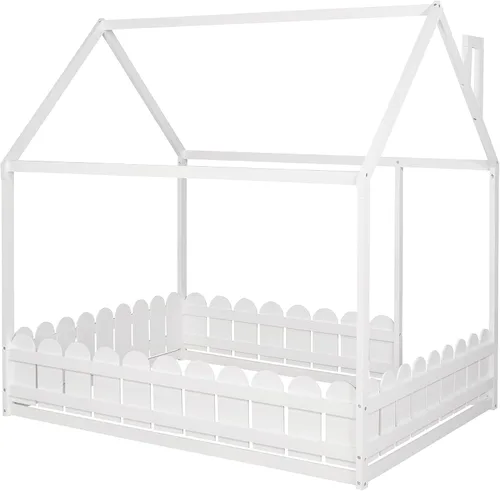 Miniatura 8 de MERITLINE Cama de casa para niños, cama de piso completa de madera con techo y valla, cama de casa completa Montessori para niños, adolescentes