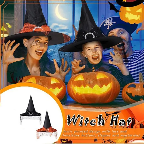 Miniatura 6 de Sombrero de bruja de Halloween para mujer, sombrero puntiagudo con velo, accesorio para disfraz de bruja de carnaval, fiesta de disfraces