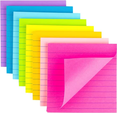 Paquete de 8 notas adhesivas forradas de 4 x 4, brillantes stickies, coloridos bloc de notas de poder superadhesivo, 8 colores, adhesivo fuerte
