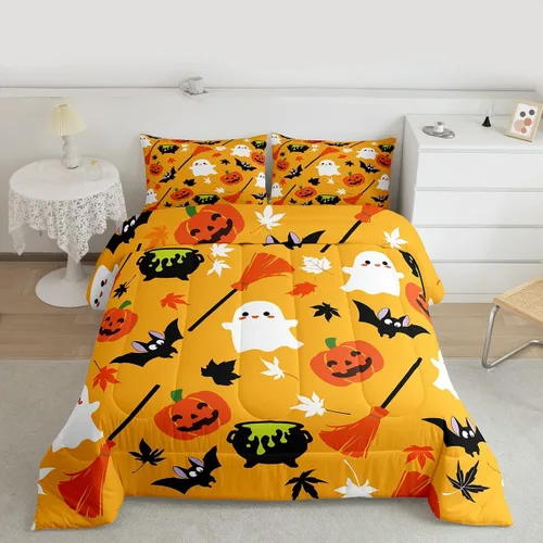 Miniatura 35 de Juego de edredón de calabaza para niños, con estampado de calabaza, estilo Halloween, juego de ropa de cama para niños, juego de ropa de cama