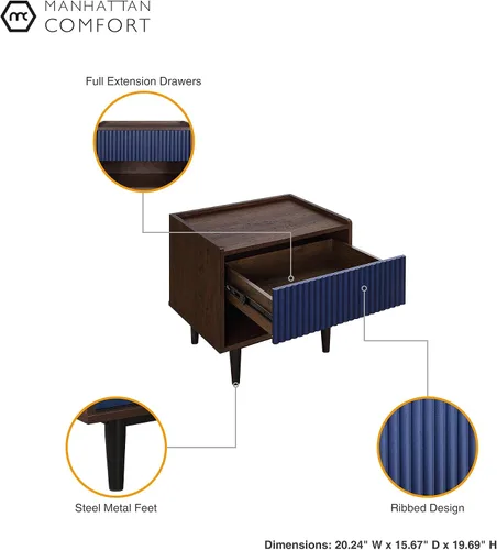 Miniatura 6 de Manhattan Comfort Duane Mesita de noche acanalada con cajón de extensión completa y estante abierto, patas de acero, mesita de noche, mesa de acento