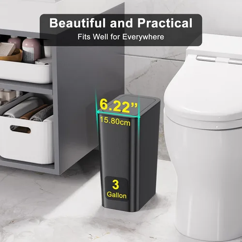 Miniatura 2 de N. NETDOT Paquete de 3 cubos de basura pequeños de 3 galones con tapa, cubo de basura para baño con tapa desplegable, cesta de basura para baño