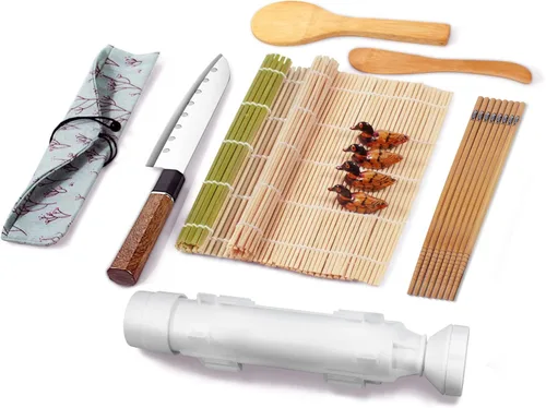 Kit de fabricación de sushi para principiantes, todo en uno juego de máquina de sushi con alfombrillas de sushi, rodillo de bambú, bazuca de sushi,