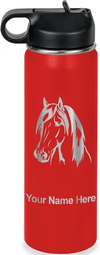 Miniatura 33 de LaserGram Botella de agua personalizada, cabeza de caballo 1, acero inoxidable de doble pared aislada al vacío con popote superior, regalo grabado