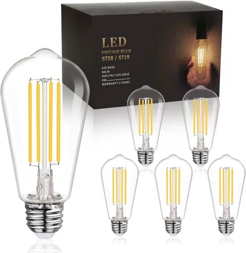 Miniatura 11 de BORT Paquete de 6 bombillas LED vintage ST58 resistentes a las roturas, blanco cálido 2700 K, bombillas Edison regulables de 6 W, equivalente a 60