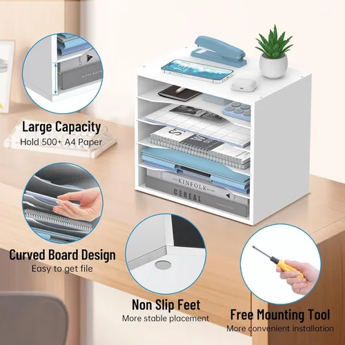 Miniatura 5 de Organizador de escritorio de madera de 5 niveles, organizador de bandeja de papel para escritorio con estantes de almacenamiento ajustables, Blanco