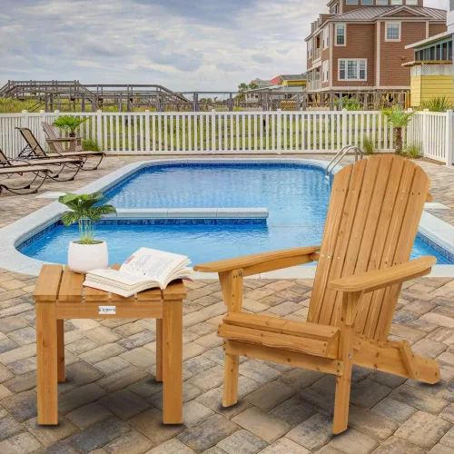 Miniatura 6 de VINGLI Juego de 2 sillas Adirondack plegables de madera y juego de mesa, diseño ergonómico para fogata, tumbona plegable para patio al aire libre