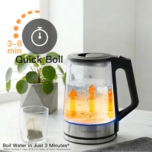 Miniatura 2 de Megawise Hervidor eléctrico de vidrio con apagado automático, sin BPA, tapa interior y base de acero inoxidable, indicador LED azul, fácil limpieza