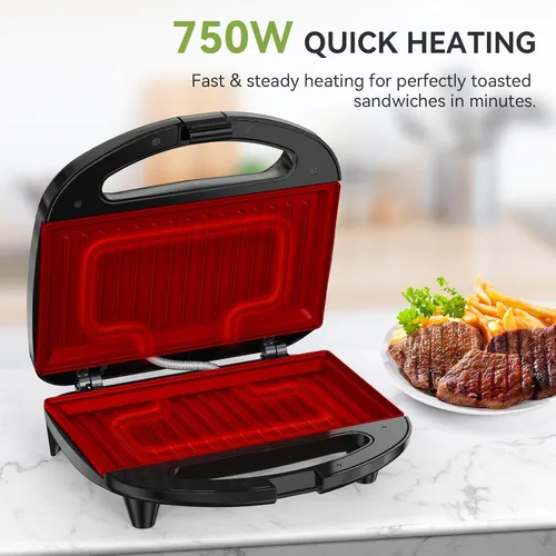 Miniatura 3 de OSTBA Sandwichera y prensa Panini, máquina de queso a la parrilla de 2 rebanadas con placas antiadherentes, luces indicadoras, mango de tacto frío