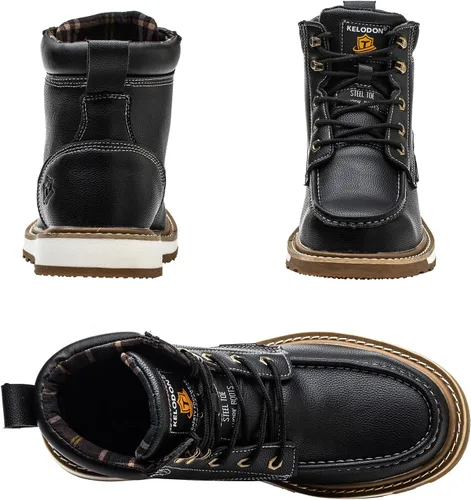 Miniatura 6 de KELODON Botas impermeables con punta de acero para hombres, botas de trabajo de cuero de 6 pulgadas, botas de construcción indestructibles, botas