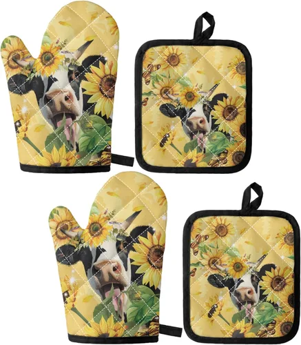 Miniatura 13 de UNICEU Juego de 4 manoplas de horno personalizadas y soportes para ollas, decoración de cocina, guantes protectores personalizados para hornear