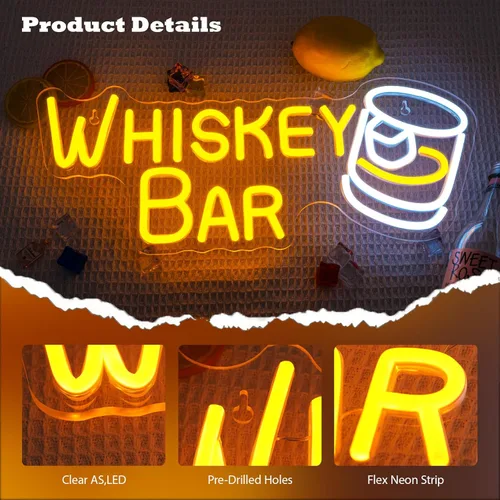 Miniatura 3 de Letrero de neón para barra de whisky, luces LED de neón para decoración de pared, letreros de bar iluminados para carrito de bar casero, Whisky