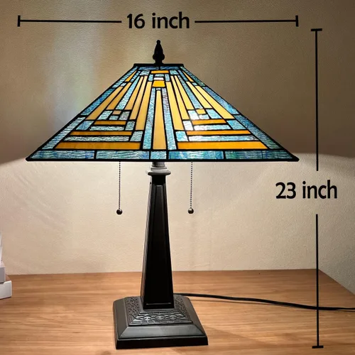 Miniatura 7 de Tiffany - Lámparas de mesa de 16 pulgadas de ancho hechas a mano con vitrales para lectura, 2 luces, estilo misión azul, luz de mesa antigua