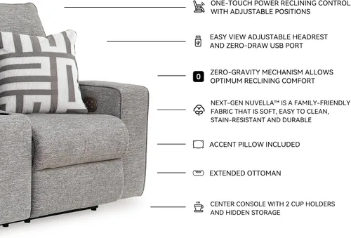 Miniatura 4 de Signature Design by Ashley Biscoe - Sofá biplaza reclinable resistente a los rayos UV con consola, reposacabezas ajustable y puertos USB, color gris