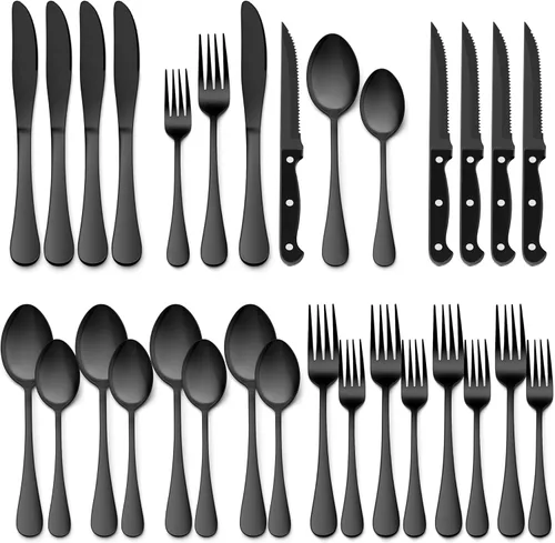 E-far Juego de cubiertos negros de 24 piezas con cuchillos para carne, cubiertos de acero inoxidable para 4, modernos juegos de utensilios de metal