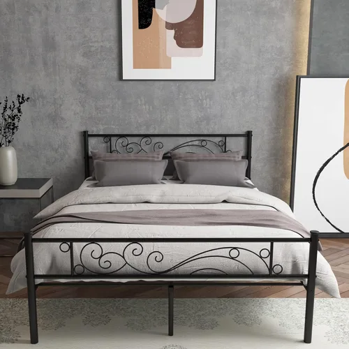 Weehom Base de cama de metal con cabecero y estribo, no necesita somier, plataforma completa, color negro