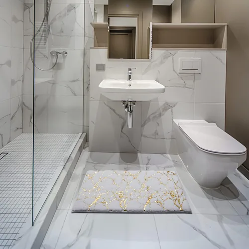 Miniatura 2 de QJHOMO Alfombra de baño de mármol, alfombras de baño blancas y doradas decorativas, antideslizante, tapete de baño super absorbente de microfibra
