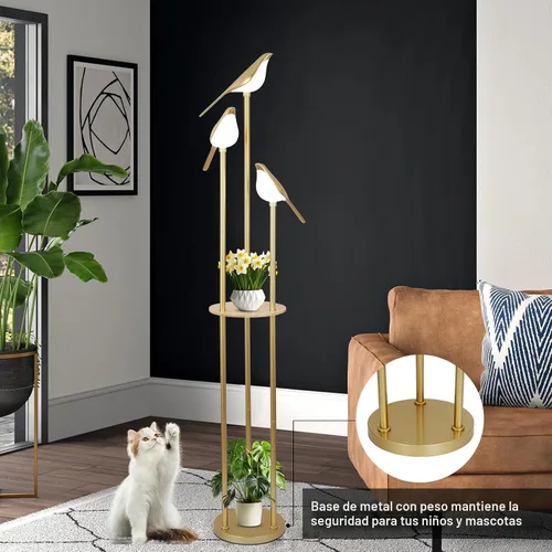Miniatura 7 de Lámparas de pie doradas para sala de estar, lámpara de pie moderna con estantes, lámpara de pie de mediados de siglo con 3 luces LED de pájaro