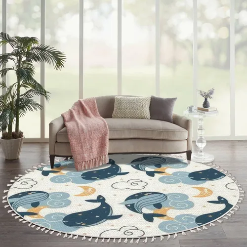 Miniatura 8 de ABC - Alfombra redonda con tema oceánico de ballena, para niños, niñas, dormitorio, cuarto de bebé, sala de juegos, 4 pies, lino y algodón, lavable