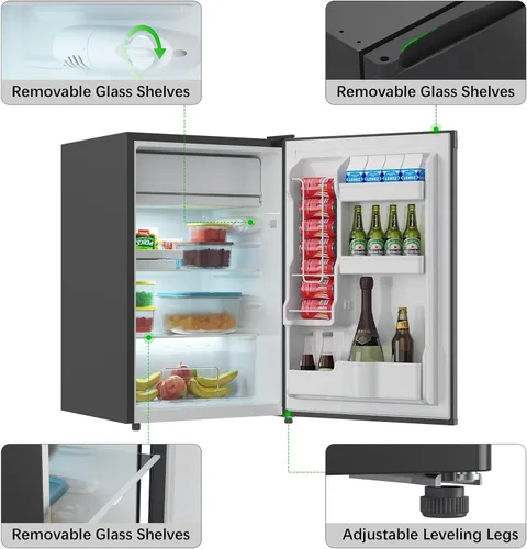 Miniatura 4 de Jojoka Mini refrigerador de 4.3 pies cúbicos con congelador, refrigerador pequeño de una sola puerta con estantes de vidrio deslizantes