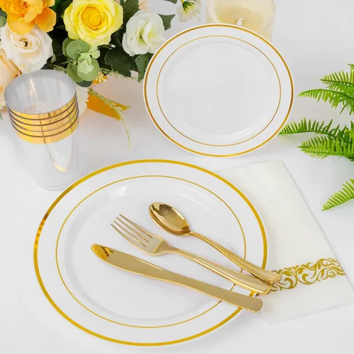 Miniatura 4 de Supernal 102 platos de plástico blanco y dorado, platos desechables resistentes, juego de vajilla de plástico dorado elegante incluye 51 platos