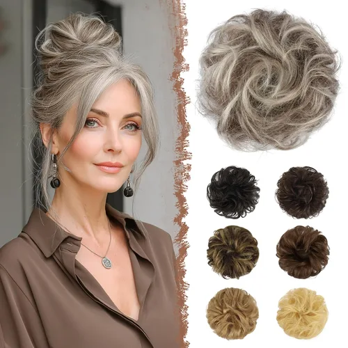 Miniatura 19 de FESHFEN Moños Desordenados Humanos - Moño de Cabello Humano 100% Real Coleteros Scrunchies Piezas de Cabello Extensiones de Cola de Cabello Ondulado