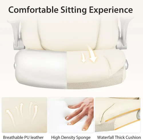 Miniatura 3 de COSTWAY Silla de oficina ejecutiva, silla ergonómica de piel sintética para computadora con reposabrazos abatibles y soporte lumbar, silla de tareas