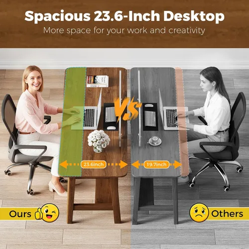 Miniatura 4 de 63" Solid Wood Office Desk, Mid-Century Modern Home Office Computer Desk with Storage Shelf, Large 2-Person Writing Study Table Workstation, Walnut