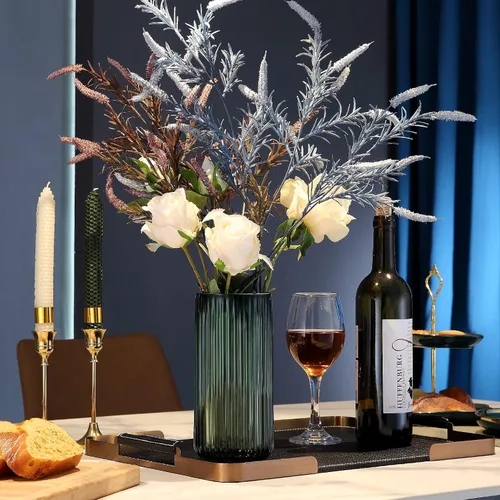 Miniatura 4 de Florero cilíndrico pequeño de cristal verde acanalado para decoración de centros de mesa de comedor de granja