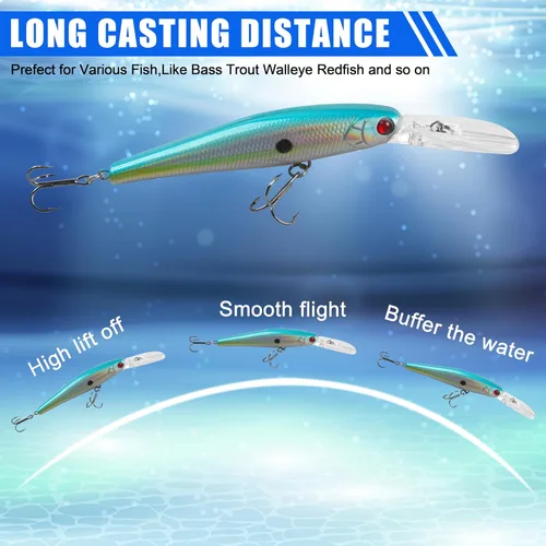 Miniatura 5 de Señuelos de pesca, cebos duros, crankbait minnow, 10 piezas de buceo profundo con gancho fuerte agudos 3D ojos realistas señuelos de pesca