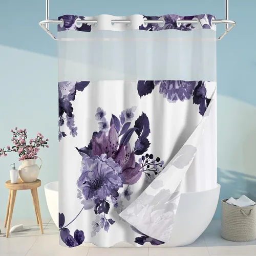 Miniatura 18 de Juego de cortina de ducha y forro sin gancho, cortinas de ducha florales negras para baño, juegos de cortinas de baño de hotel moderno con forro a
