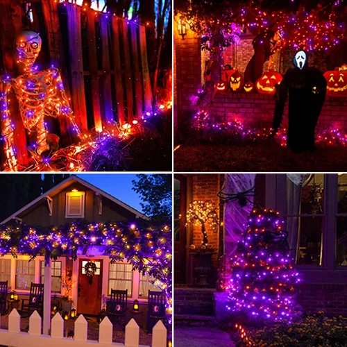 Miniatura 6 de iBaycon Paquete de 2 50 luces LED de Halloween a batería, 16.4 pies, funciona con pilas, luces de Halloween naranja y morado, impermeables, con 8