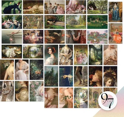 97 Decor Decoración de pared victoriana - 40 piezas de arte de pared vintage, impresiones de arte vintage, cuadros franceses coquetos, collage de