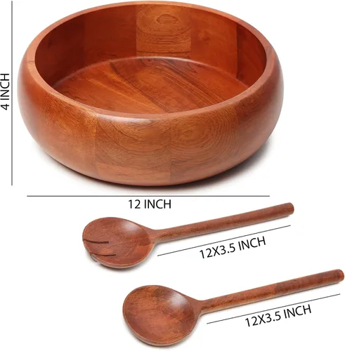 Miniatura 4 de Ensaladera de madera extra grande con 2 servidores, 12 x 4 pulgadas, capacidad de 4.5 cuartos de galón, cuenco para servir ensalada seguro