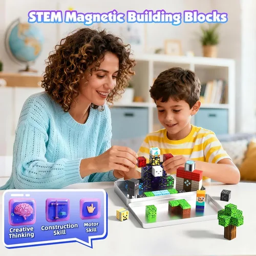 Miniatura 7 de GraceDuck Bloques magnéticos con caja de hierro, 45 bloques de construcción magnéticos de viaje, juego educativo STEM de construcción para niños a