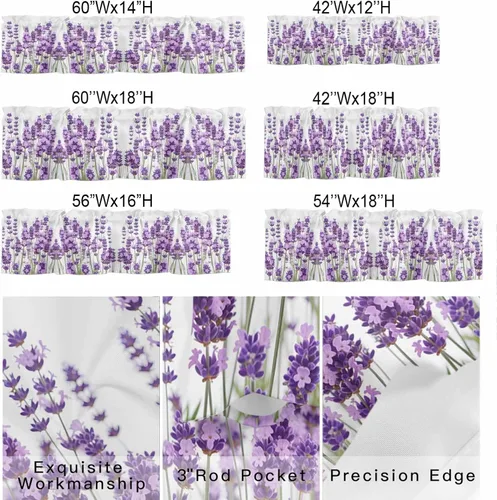 Miniatura 6 de Cortina de cenefas de lavanda púrpura pastoral para cocina, cafetería, cenefa floral de primavera de 42 x 12 pulgadas, bolsillo para barra, cortinas