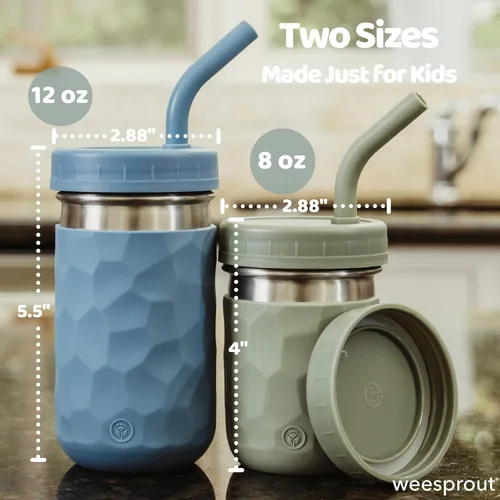 Miniatura 2 de WeeSprout Vasos 2 en 1 para niños, vaso de acero inoxidable duradero para batidos, pajitas de silicona con tapones, tapas giratorias de plástico