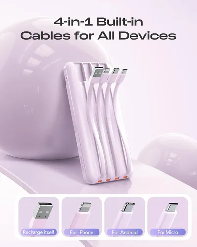 Miniatura 3 de Orfeika Banco de Energía 20000mAh de Carga Rápida, Cargador Portátil con 4 Cables Integrados y 6 Salidas, Paquete de Batería USB C PD de 20W Lavanda