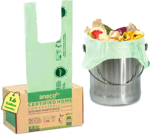Miniatura 15 de (Incluye 10 bolsas adicionales) ANECO - Bolsas de basura 100% compostables de 2.6 galones, bolsas de compost pequeñas de cocina extra gruesas