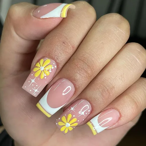 Miniatura 18 de Uñas postizas ovaladas a presión con puntas francesas, juego de uñas postizas cortas de flores artificiales, uñas postizas acrílicas con diseños