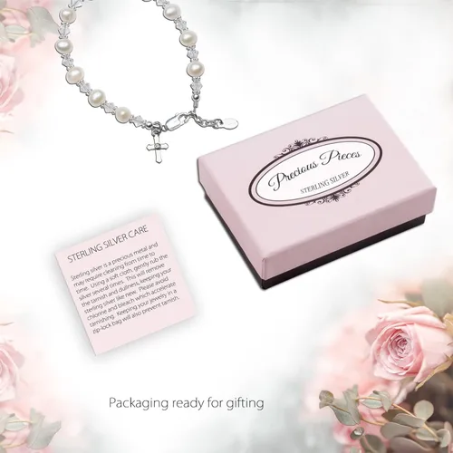 Miniatura 6 de Brazalete de plata con cruz para bautismo y comunión con perla cultivada y cristal Swarovski