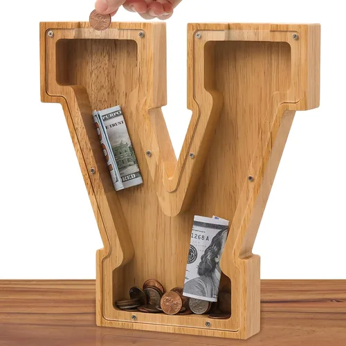 Miniatura 8 de Alcancía de madera con letras para niños, niñas y adultos, 10 pulgadas, grande, 26 letras, irrompible, caja de dinero, con calcomanía de bricolaje