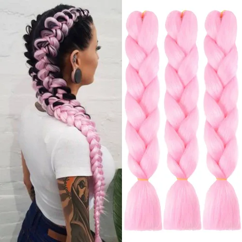 Miniatura 10 de Cabello trenzado de fibra sintética, tamaño jumbo, extensiones de cabello Kanekalon suave, color negro, (24 pulgadas, 3 piezas)
