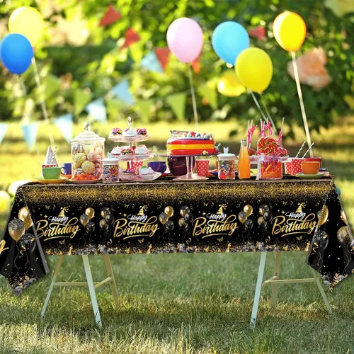 Miniatura 6 de Decoraciones de feliz cumpleaños, mantel dorado y negro, fundas rectangulares de plástico desechables para hombres y mujeres, fiesta de cumpleaños