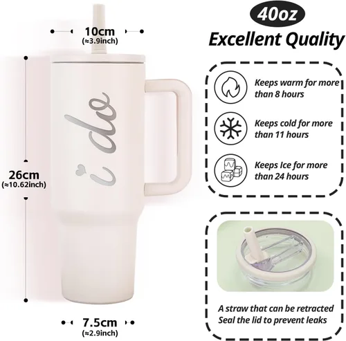 Miniatura 3 de Regalos de despedida de soltera para novia, vaso de 40 onzas con tapa de asa, pajitas de acero inoxidable para esposa, boda, compromiso, despedida
