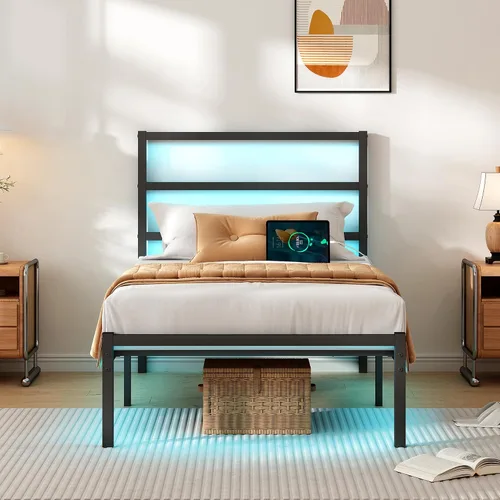 CLIBFENG Base de cama individual con cabecero, soporte de listones de acero resistente, marco de cama LED con estación de carga USB, base de colchón
