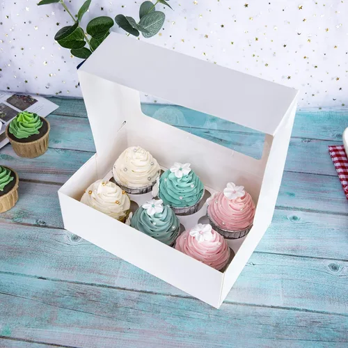 Miniatura 4 de ONE MORE Cajas para cupcakes con insertos para 6 soportes, cajas grandes de panadería estándar blancas de 9.5 x 6.3 x 3 pulgadas con ventana