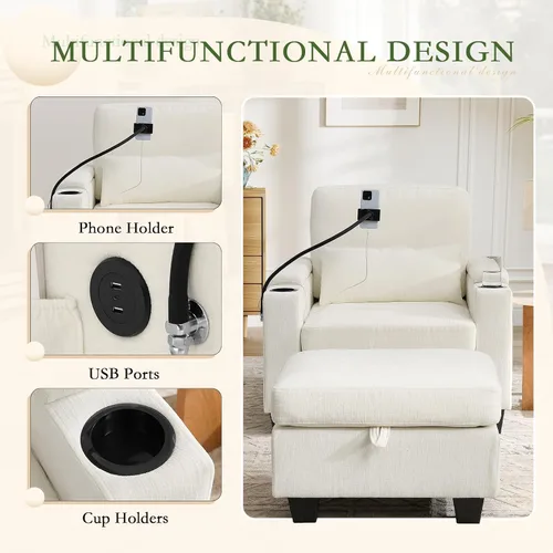 Miniatura 3 de Chaise Lounge Chair para interiores con puerto USB y soporte para teléfono, sillón reclinable pequeño de felpilla con otomana de almacenamiento
